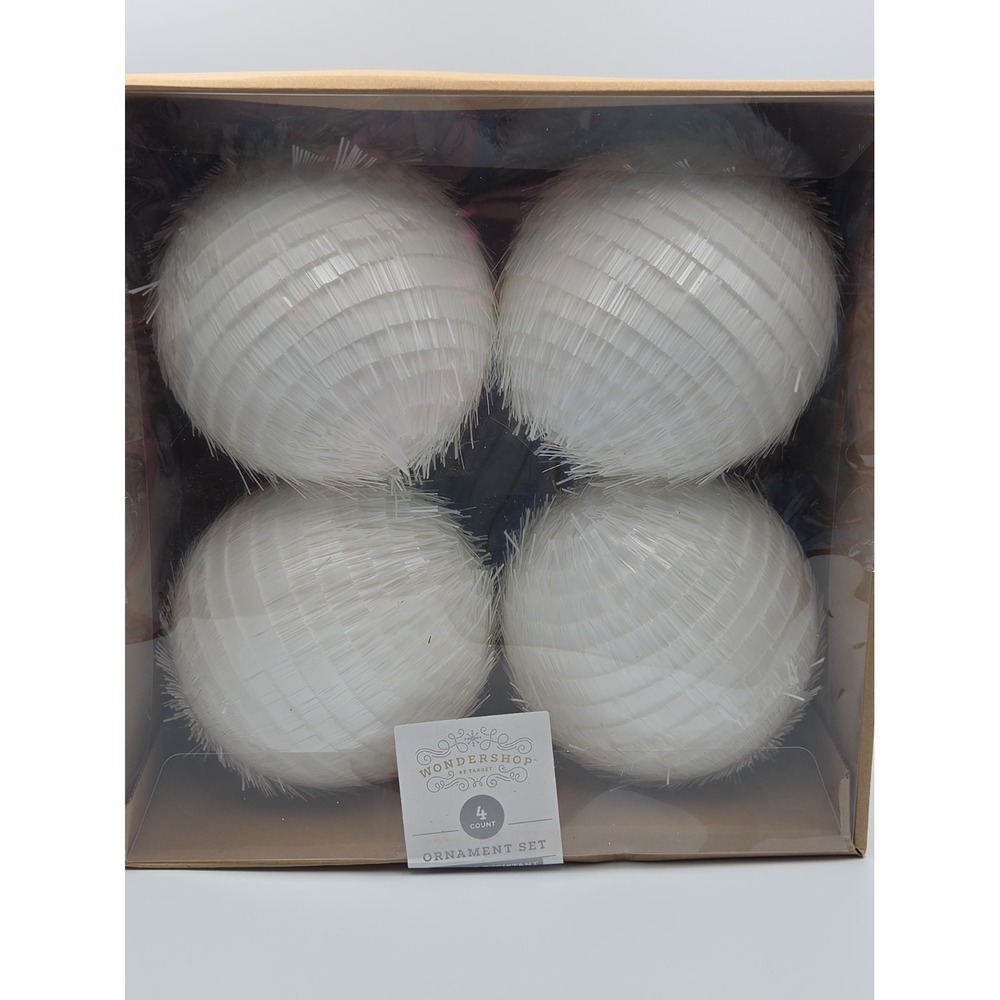 4 Wondershop Jumbo White Fringe Ball Christmas Ornaments